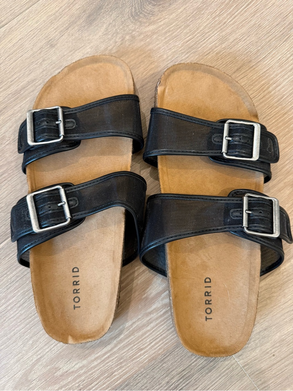 torrid Black Double Buckle Slide Sandals with Tan Footbed and mesh black straps